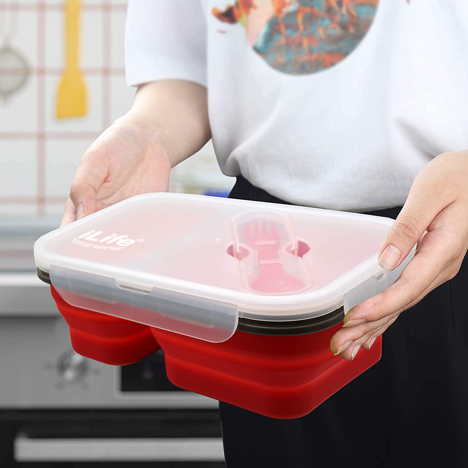 Lunch Box Collapsible Silicone Food Storage with Fork Spoon Expandable Eco  Lunch Bento Box BPA-Free Dishwasher Freezer Microwave Safe