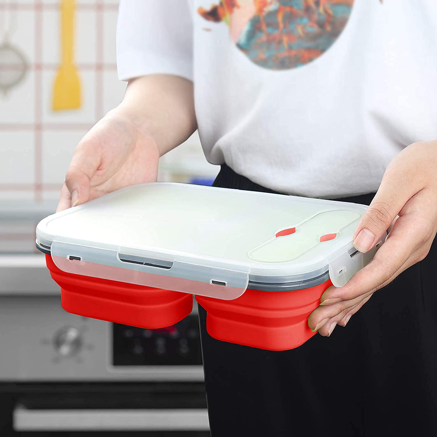 lunch box; expandable lunch box; collapsible lunch box; 3 compartment lunch box