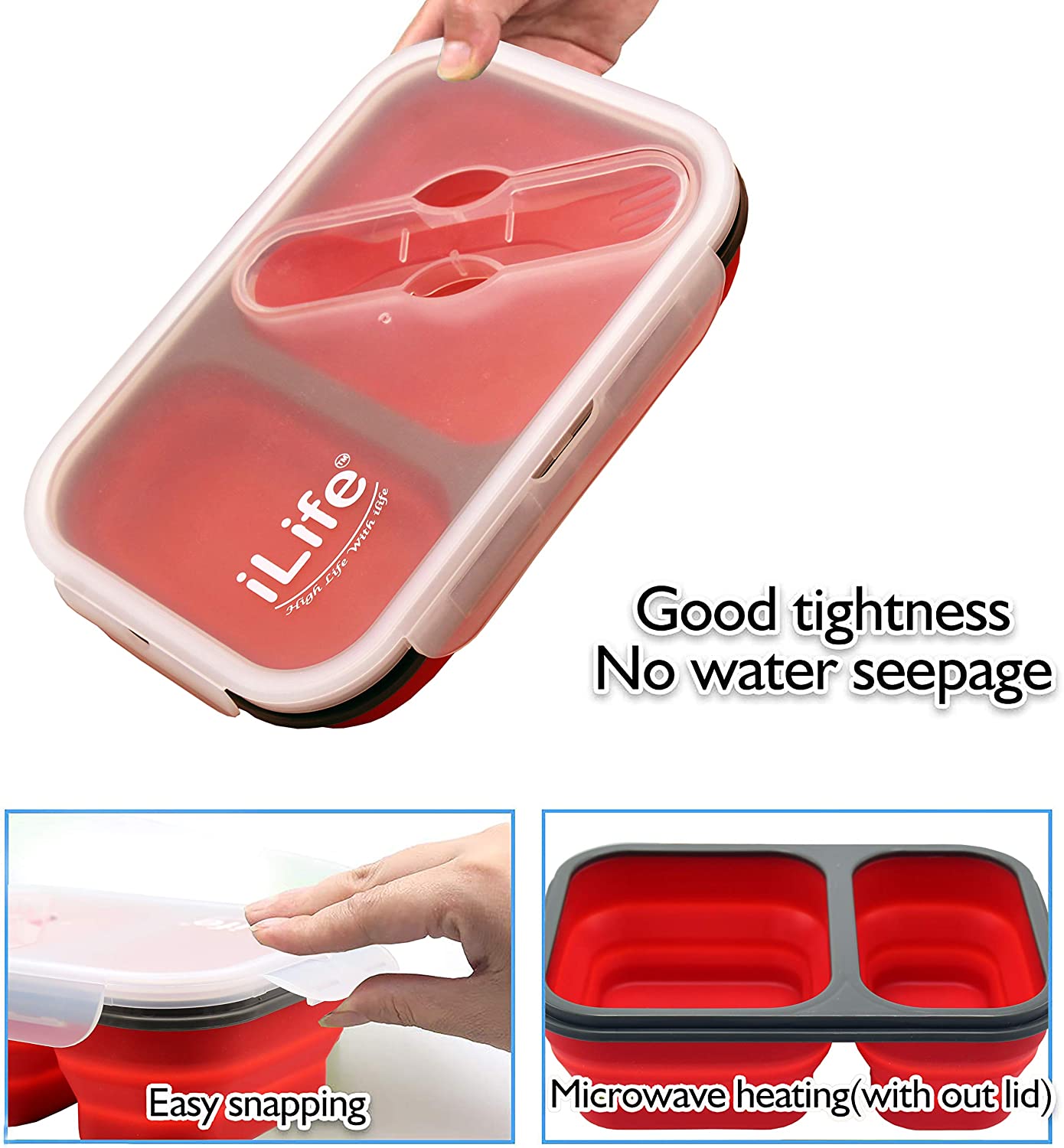 lunch box; expandable lunch box; collapsible lunch box; 2 compartment lunch box