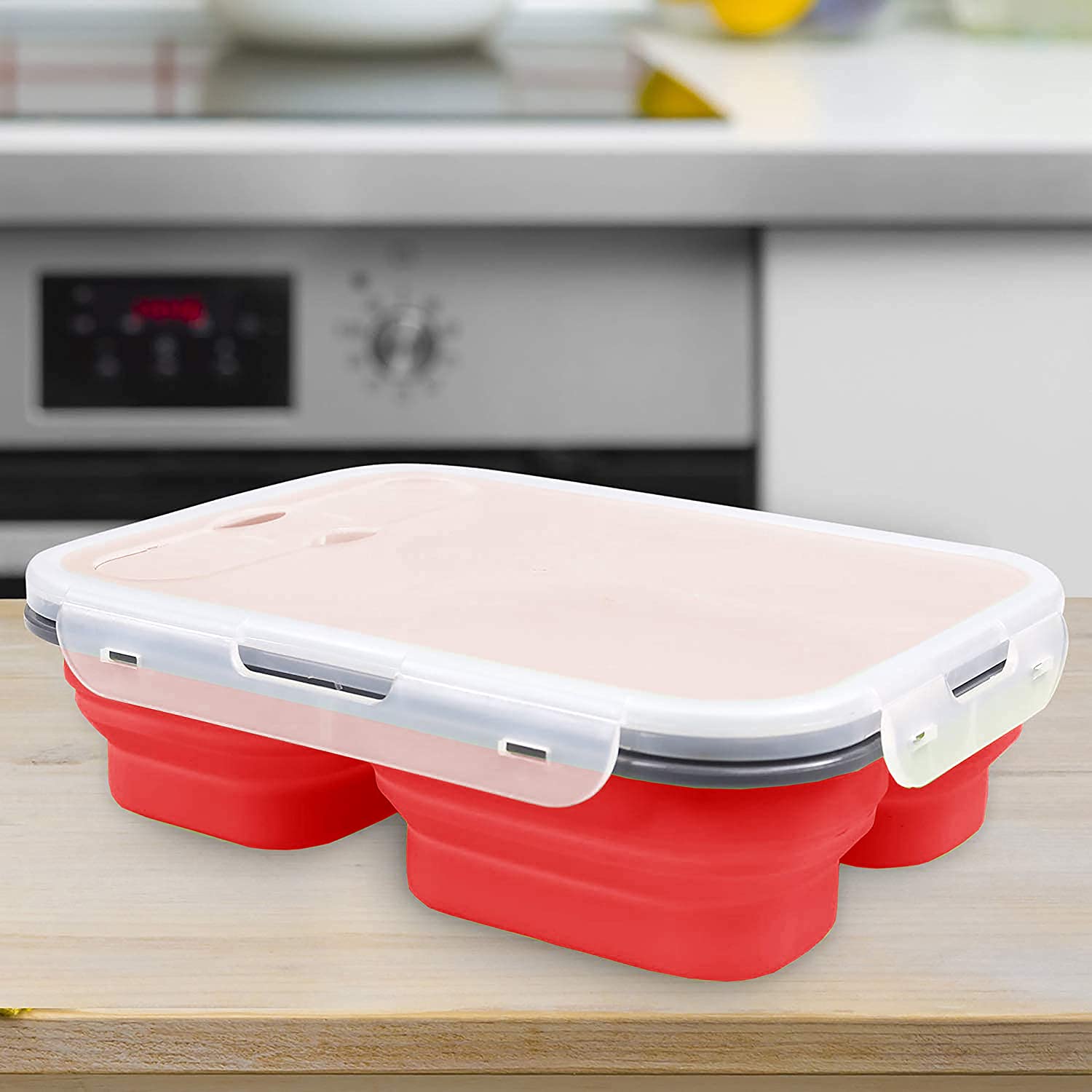 lunch box; expandable lunch box; collapsible lunch box; 3 compartment lunch box