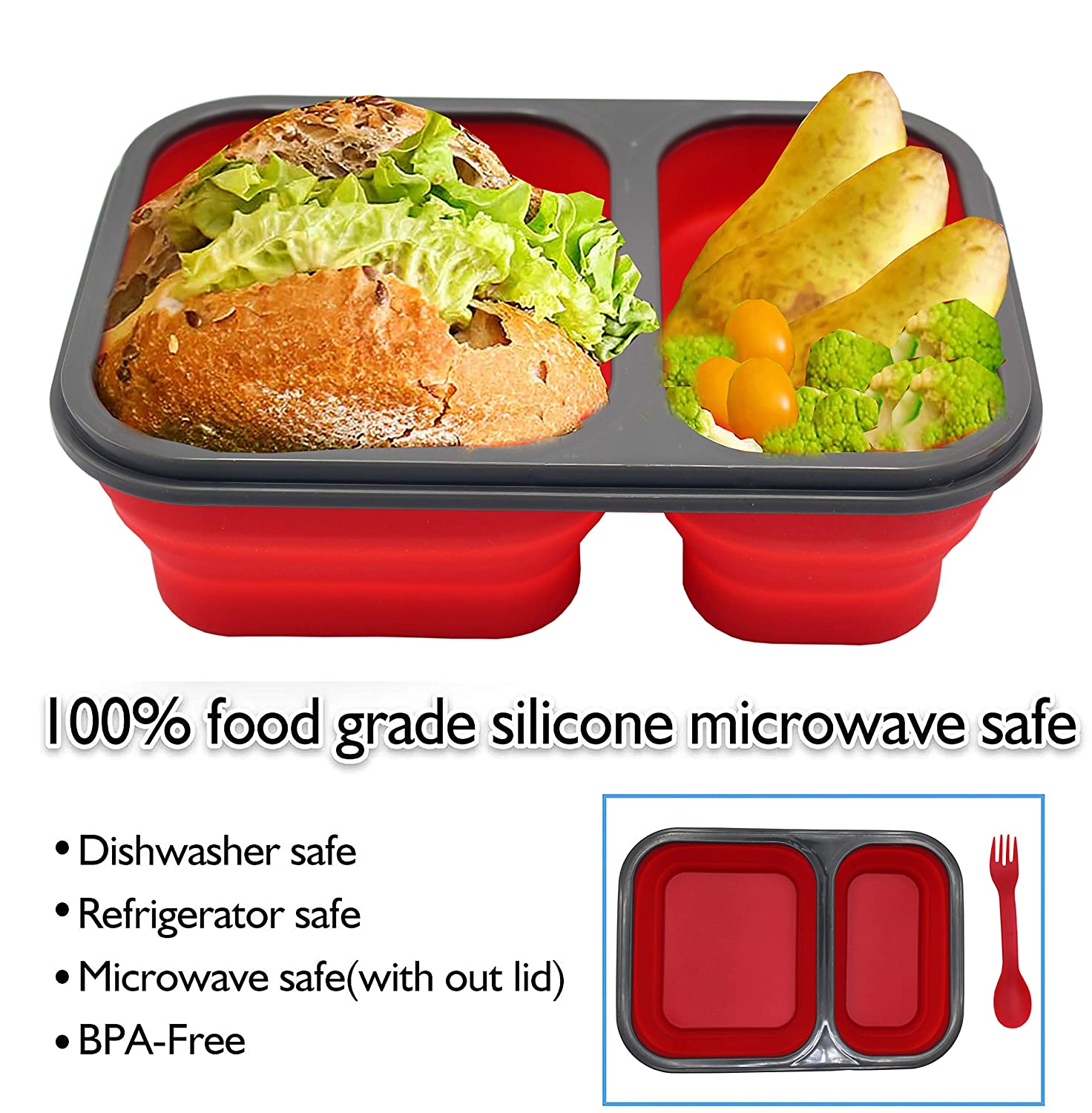 lunch box; expandable lunch box; collapsible lunch box; 2 compartment lunch box