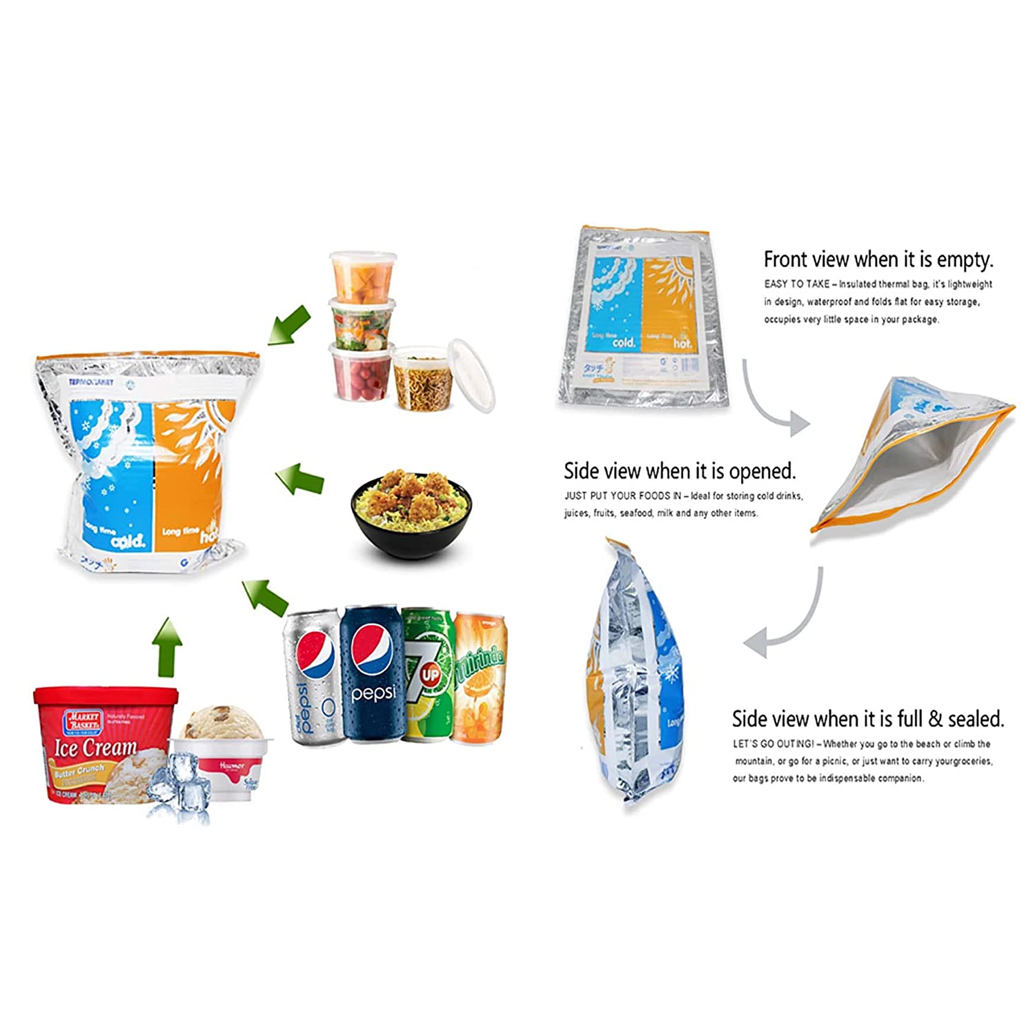 food storage bags; hot food storage bags; cold food storage bags; reusable storage bags; thermal insulated bags; 