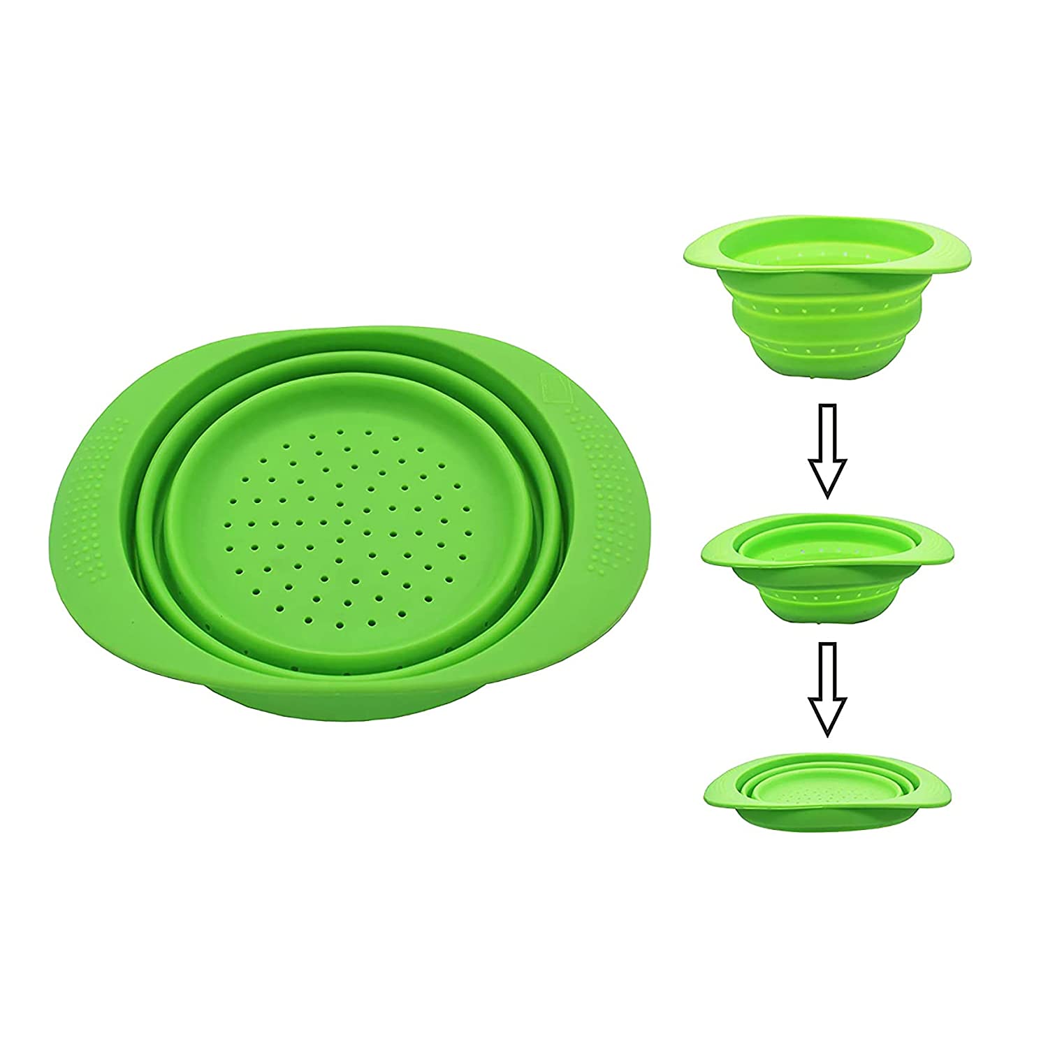 iLife Foldable Fruit Vegetables Washing Bowl Drying Basket with Drain Holes, Silicone Storage Organizer Collapsible Strainer Colander - Small (Green Colour, Size 17 * 4 * 24 cm)