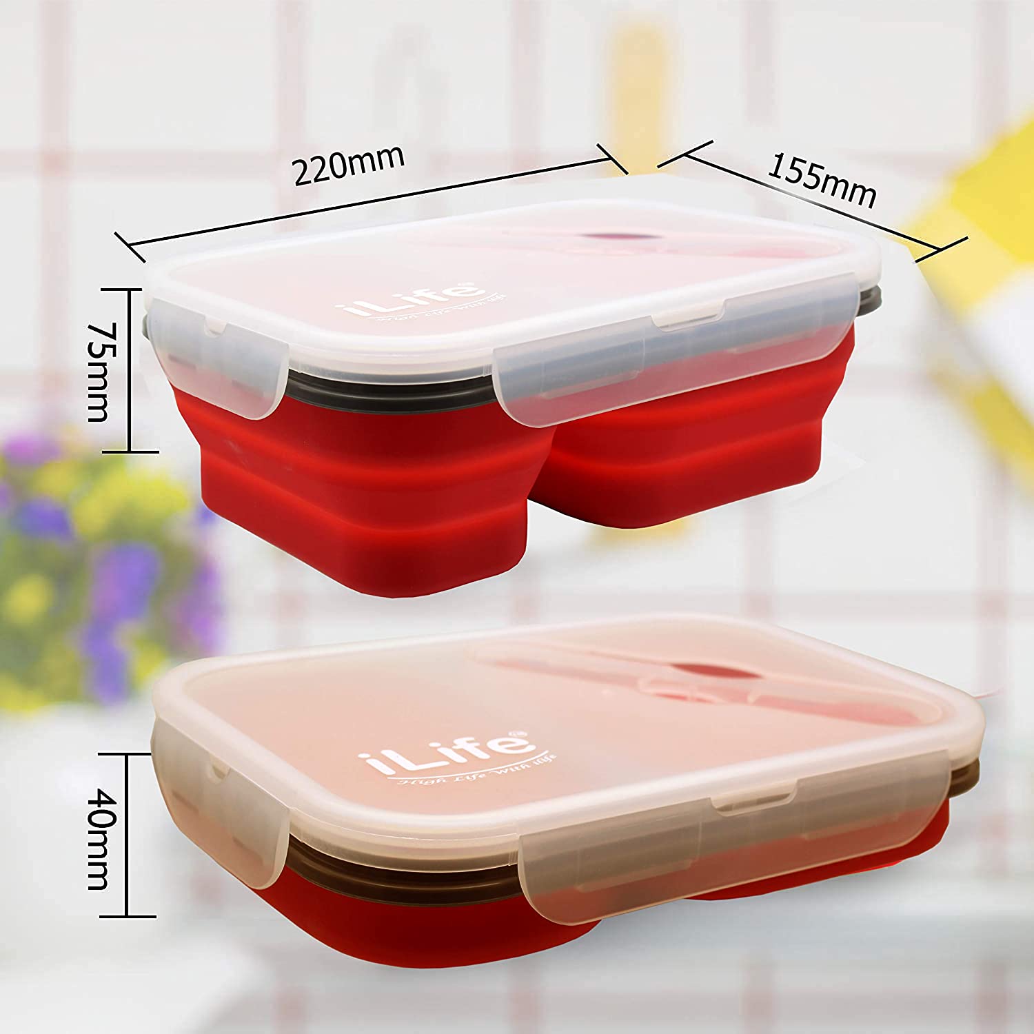 lunch box; expandable lunch box; collapsible lunch box; 2 compartment lunch box