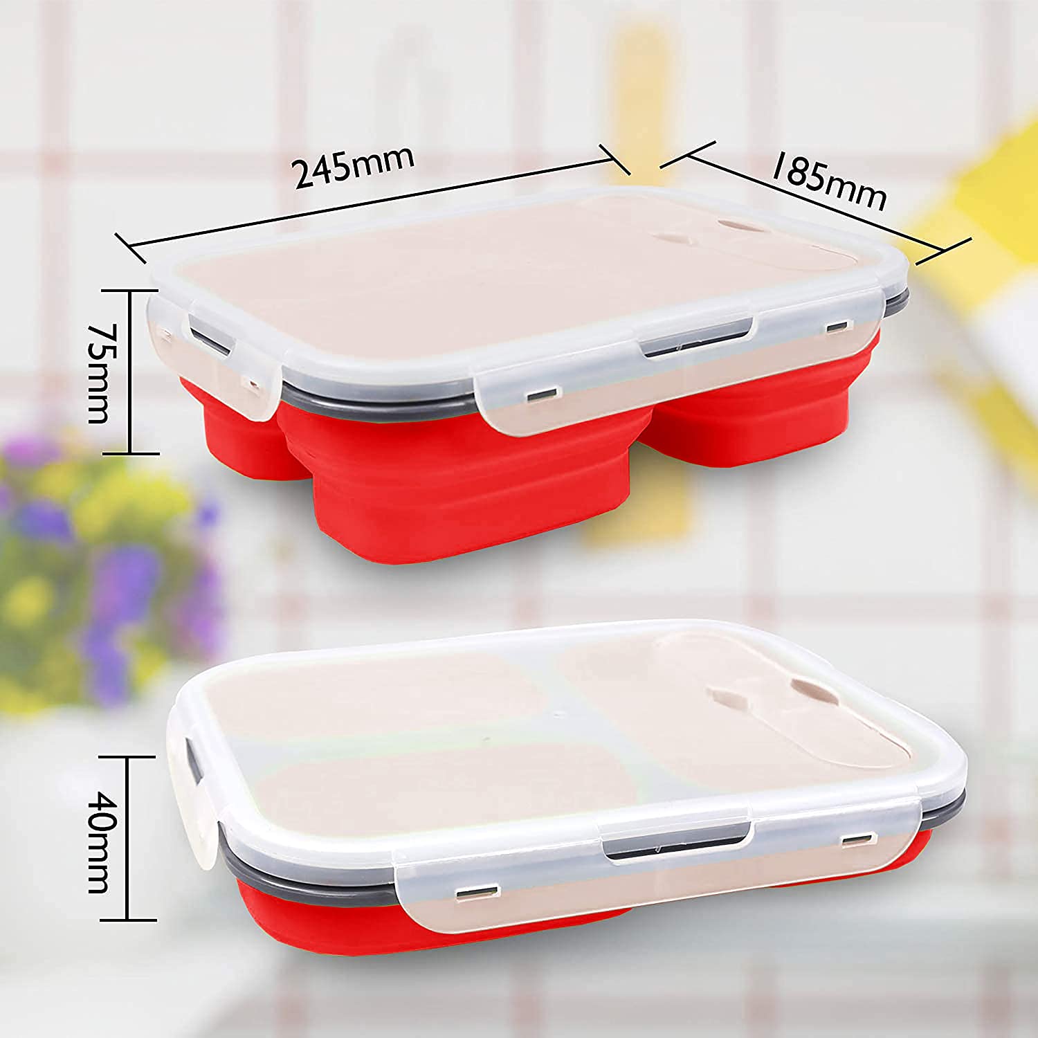 lunch box; expandable lunch box; collapsible lunch box; 3 compartment lunch box