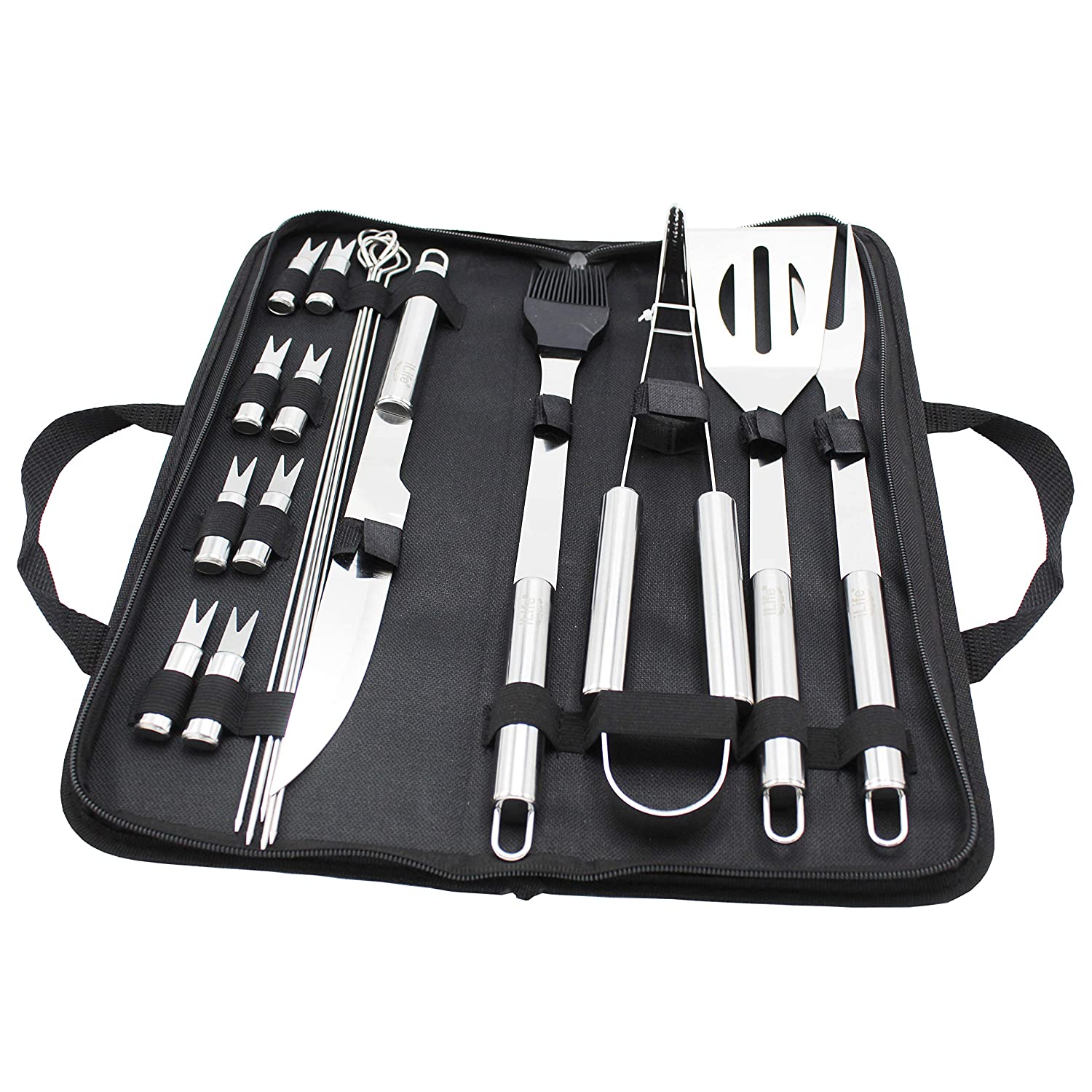iLife BBQ Tools Set, Stainless Steel Barbecue Accessories with Storage Bags, Complete Outdoor Barbecue Grill Utensils Set, for Outdoor Picnic, Camping, Grilling (18 Pieces)