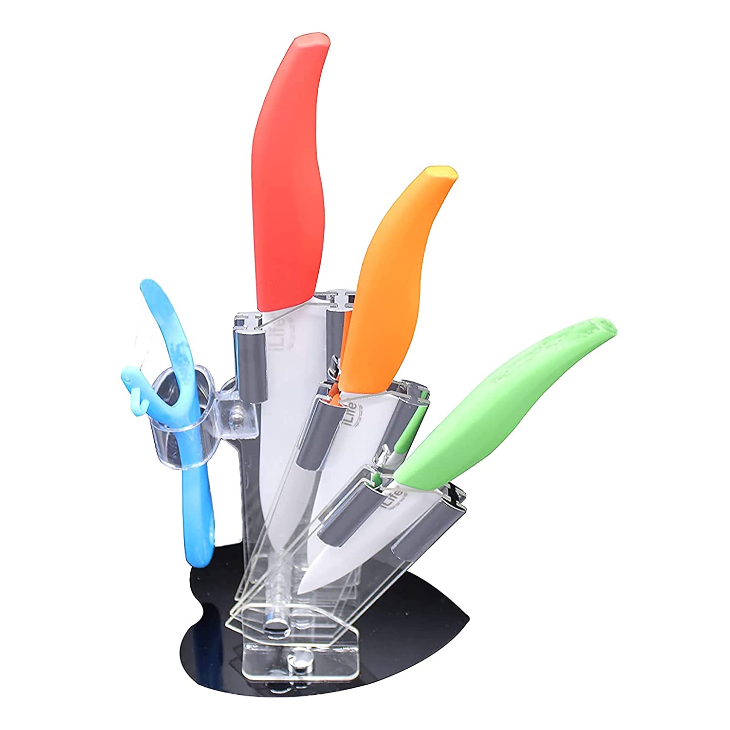 iLife Ceramic Kitchen Knife Set, 5-Piece Kitchen Cutlery Block Knife Sets with Fruit Peeler & an Acrylic Stand (Multi Color)